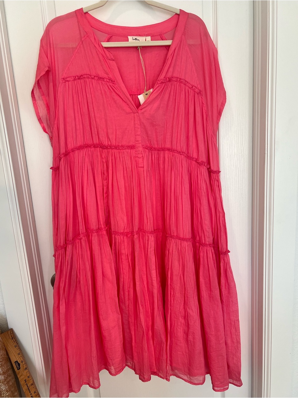 Holiday Village Hot Pink Tiered V-Neck Flowy Tunic Dress NWT Boutique Gauzy